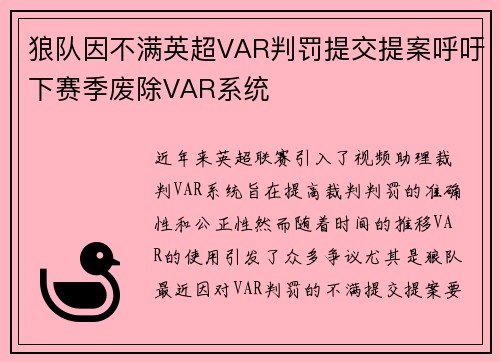 狼队因不满英超VAR判罚提交提案呼吁下赛季废除VAR系统